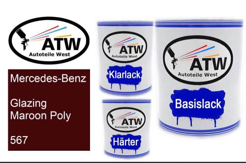 Mercedes-Benz, Glazing Maroon Poly, 567: 1L Lackdose + 1L Klarlack + 500ml Härter - Set, von ATW Autoteile West.